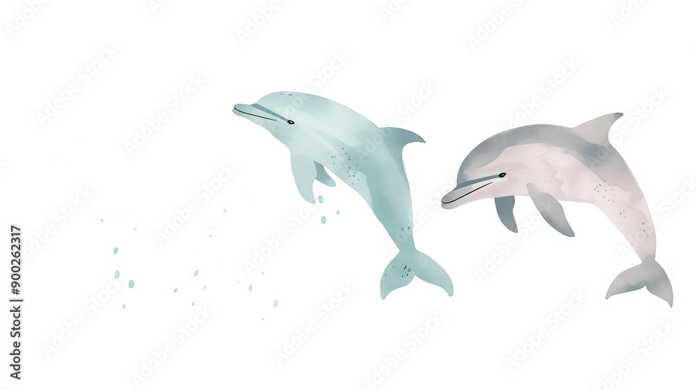two dolphins in airy pastel color palette on white background. two dolphins in airy pastel color palette on white background.