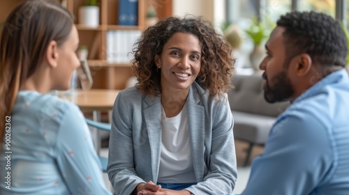 Close-up Business Colleagues Consult on Employee Wellness Programs with Realistic Wellness Room Overlay Background