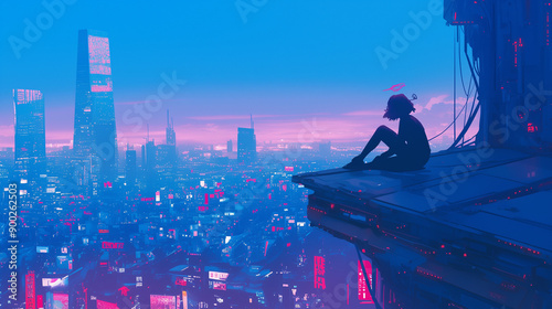anime wallpaper, lofi girl sitting alone at the roof, lo-fi vibes neon psychedelic city aesthetic