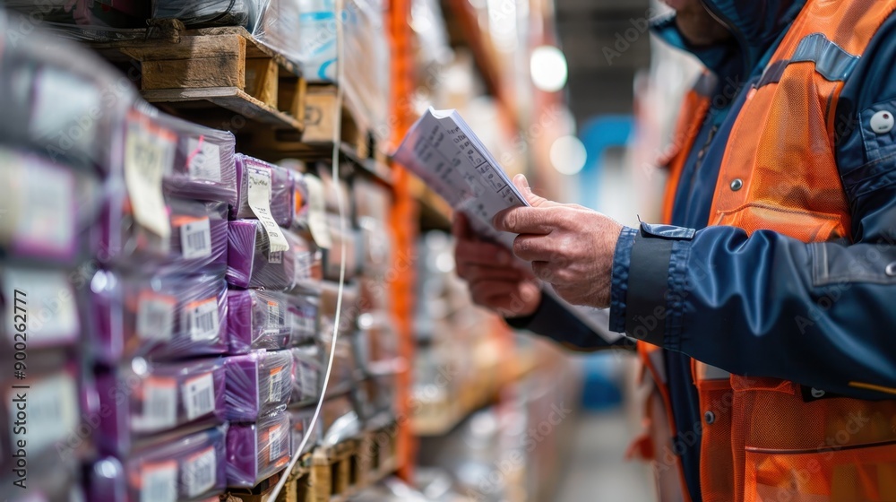 Naklejka premium Ethereal Close-Up of Supervisor Inspecting Shipping and Receiving Records with Logistics Accuracy at Loading Dock using Blend Mode