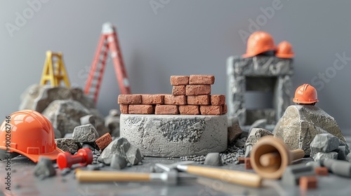 A detailed miniature construction site featuring bricks, hard hats, tools, and ladders. The setup captures the essence of building and construction in a small scale. photo