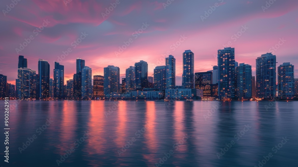 Illuminated Skyscrapers Reflecting in Still Water at Sunset