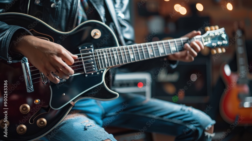 Obraz premium someone is playing guitar close up