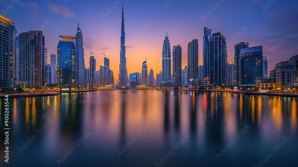 Fototapeta premium Dubai Skyline at Dusk with Water Reflections
