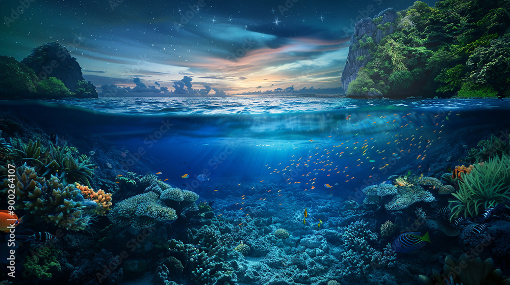 Fototapeta premium An enchanting underwater scene with colorful coral reefs and vibrant marine life under a starlit sky, blending the beauty of both worlds.