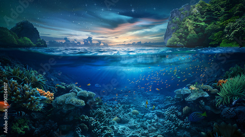 An enchanting underwater scene with colorful coral reefs and vibrant marine life under a starlit sky, blending the beauty of both worlds.