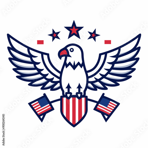 American Eagle Vector Line Art with USA Flags on White Background photo