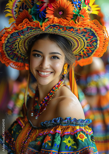 Colorful Latin American festival with dancers in traditional attire, vibrant decorations.