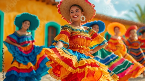 Vibrant celebration of Hispanic Heritage Month with traditional Latin American dance, bright background