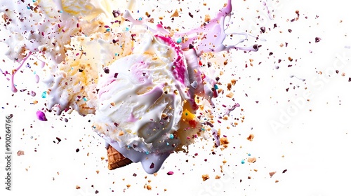 Ice cream in waffle cone with splashes and drops of chocolate isolated on transparent background. photo