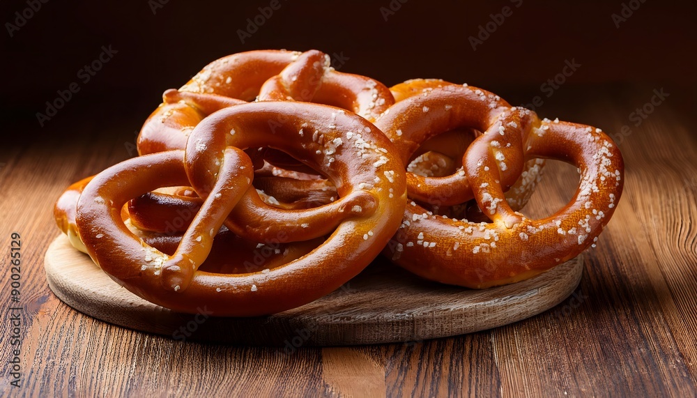 Freshly baked and golden pretzels on a wooden table Freshly baked and golden pretzels on a wooden table