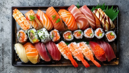 Assortment of Sushi on a Black Tray