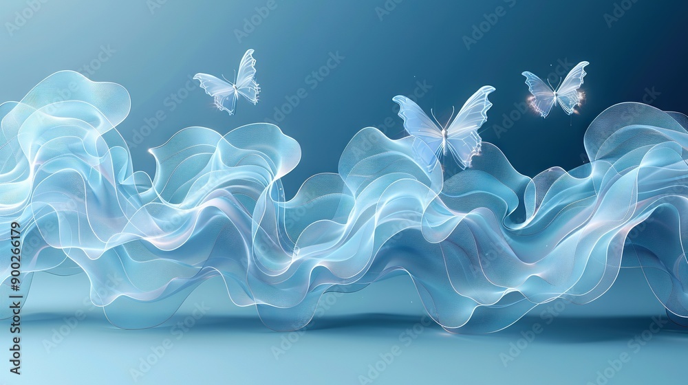   A group of butterflies soaring above a sea of white mist on a cerulean canvas, with one butterfly gracefully gliding atop the cloudy waves