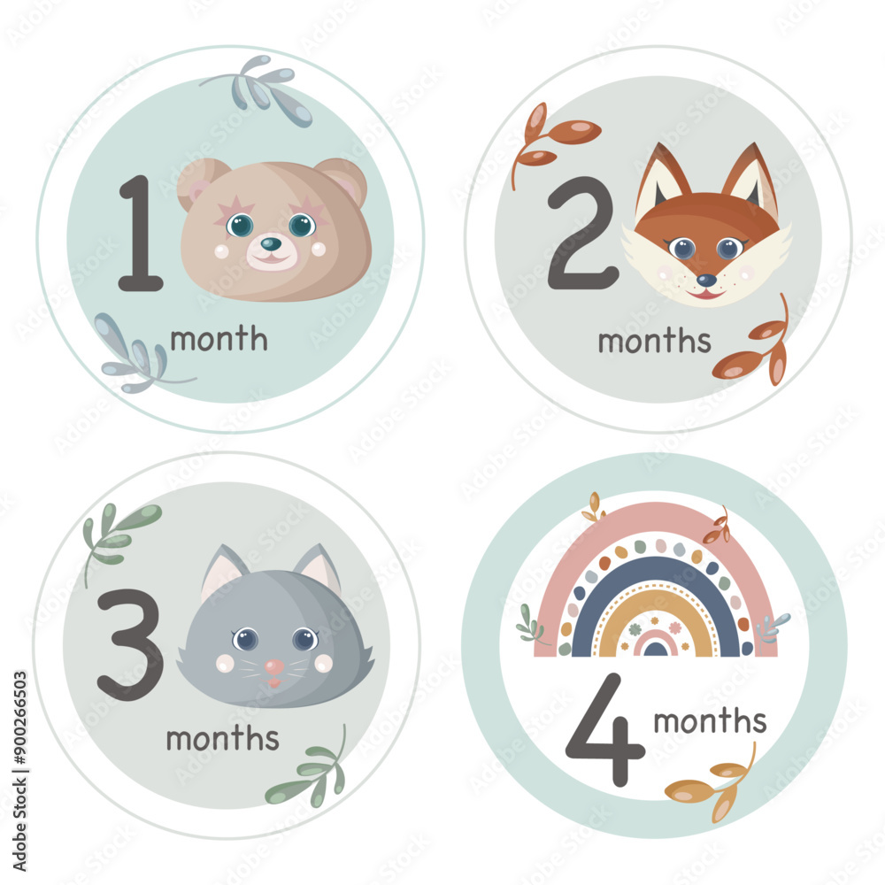 Set of milestone cards for newborn baby photo shoot. First month, 2, 3 and 4 months. Set of milestone cards for newborn baby photo shoot. First month, 2, 3 and 4 months.