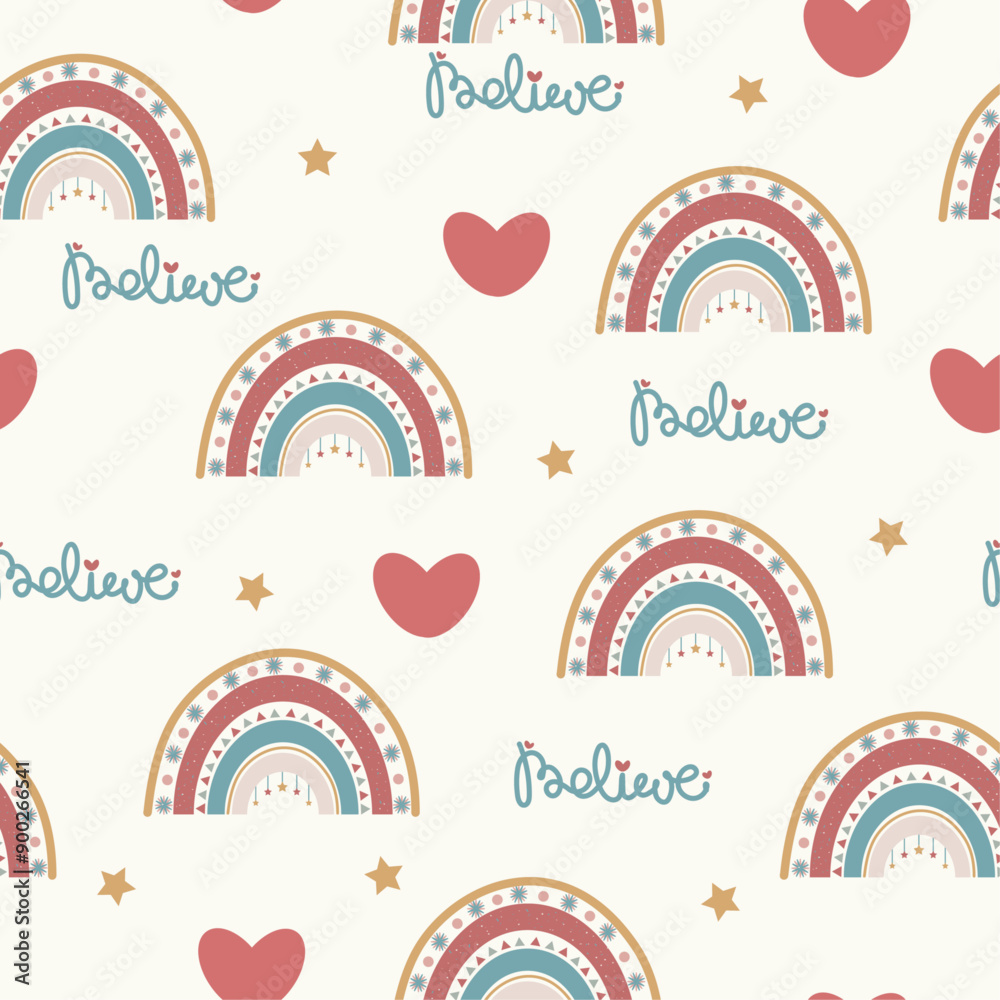 Seamless pattern for kids with boho rainbow, hearts and stars Seamless pattern for kids with boho rainbow, hearts and stars