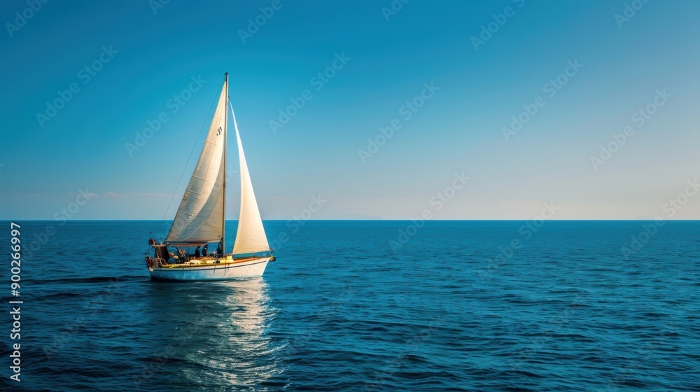 Obraz premium A white sailboat gliding on a calm blue sea under clear weather, symbolizing tranquility and adventure