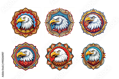 Bald Eagle’s logo set, labeled cartoon vector design illustration.