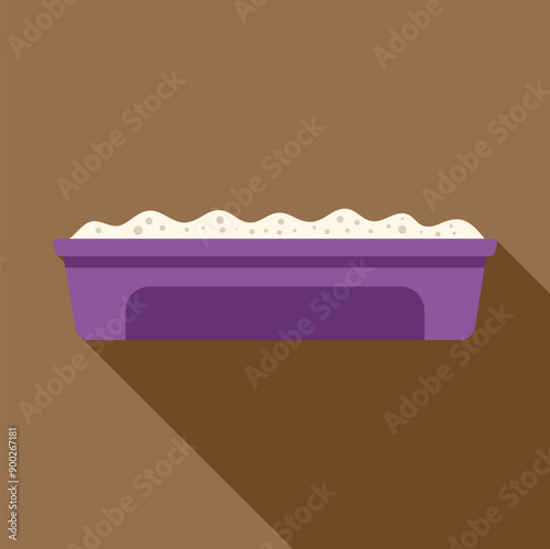 Purple litter box filled with sand, providing a dedicated space for a cat's bathroom needs