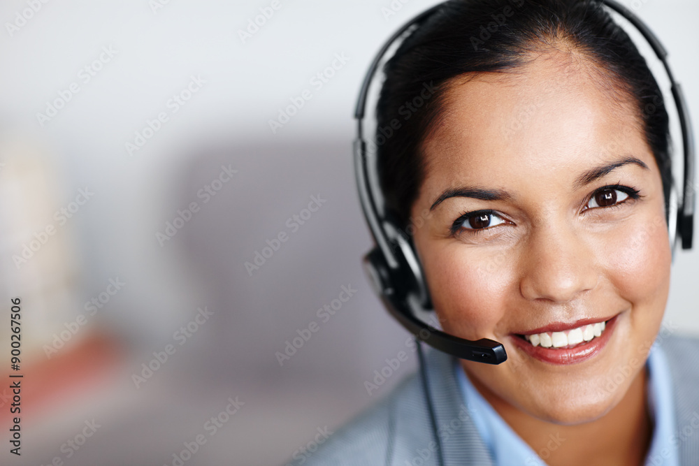 Woman, portrait and smiling with headset in call centre, help desk and tech support for customer care. Consultant, telemarketing and space or inbound, agent and microphone for virtual discussion Woman, portrait and smiling with headset in call centre, help desk and tech support for customer care. Consultant, telemarketing and space or inbound, agent and microphone for virtual discussion