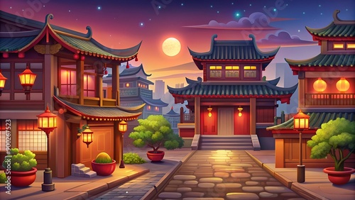 Chinese village or town with traditional houses and gates, hanging China red lanterns and decorative elements at night. Cartoon vector city street with oriental culture architecture and plants. © Matan