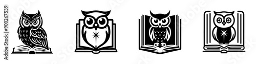 Four black-and-white stylized owl logos on open books. Each owl varies from detailed to minimalist, with some featuring stars on their chests.