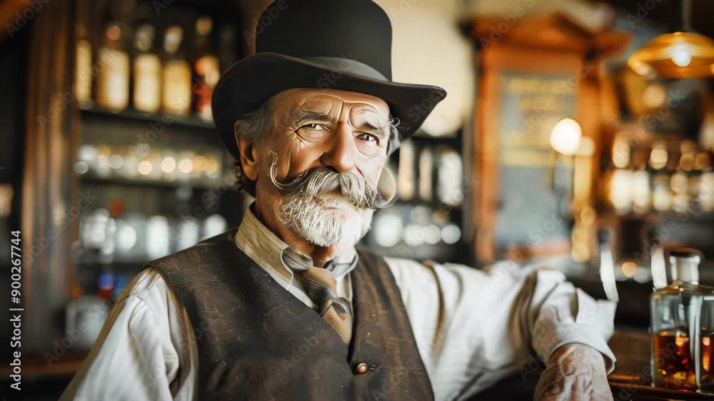 An elegant gentleman with a mustache and hat sitting in a bar An elegant gentleman with a mustache and hat sitting in a bar