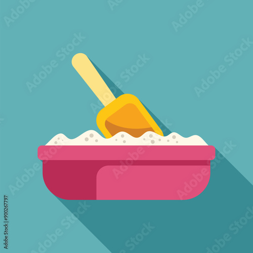 Plastic sandbox full of sand with scoop toy for children playing on beach or backyard