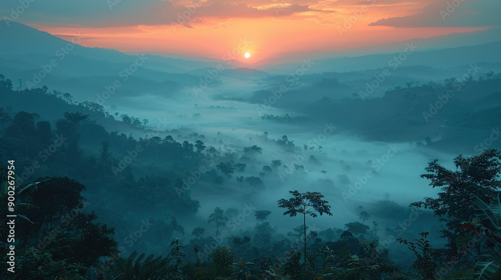 A view of a foggy valley with a sun setting in the distance, trees in the foreground, and fog enveloping everything A view of a foggy valley with a sun setting in the distance, trees in the foreground, and fog enveloping everything