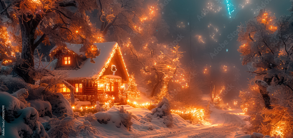 a cozy cabin in a fairy illuminated christmas winter wonderland, cinematic landscape a cozy cabin in a fairy illuminated christmas winter wonderland, cinematic landscape