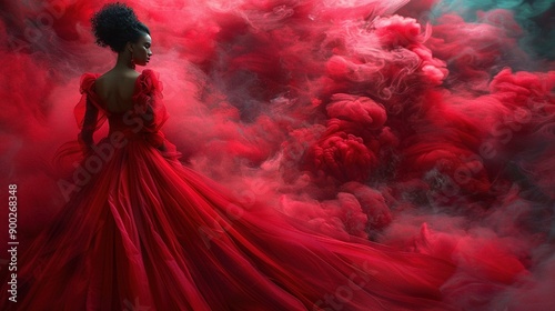 Wallpaper Mural   A woman stands in a dark room, her red dress billowing in the presence of a swirling cloud of red and pink smoke Torontodigital.ca