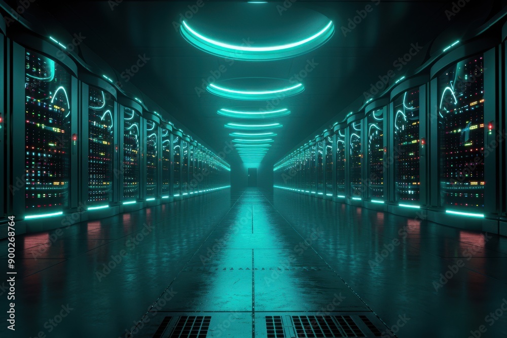 Obraz premium A futuristic data center hallway, lined with servers. The lighting is a soft teal, reflecting off the sleek, metallic surfaces, creating a high-tech and sterile environment. 