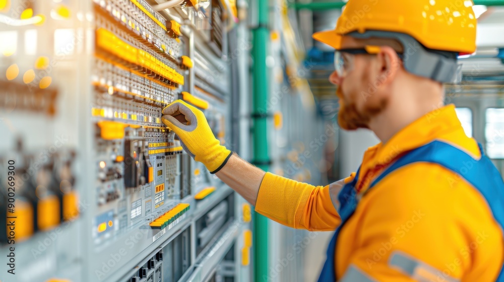 Electrician working on electrical panel and checking power supply in industrial facility Electrician working on electrical panel and checking power supply in industrial facility