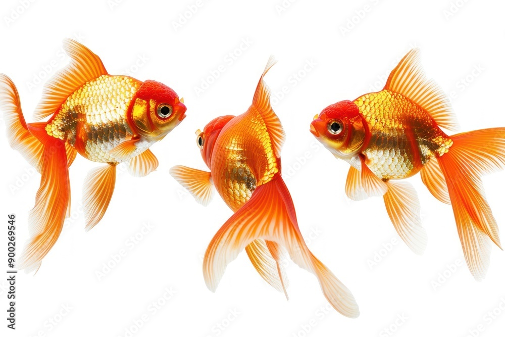 Fototapeta premium Three Goldfish Swimming in a White Background