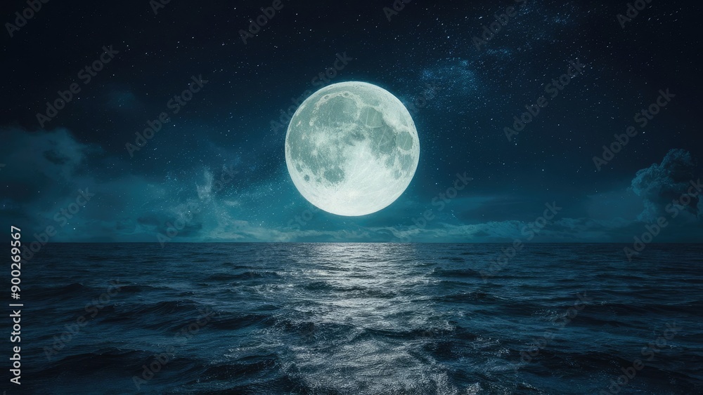 Fototapeta premium Midnight Blue Sea and Sky with Moonlight