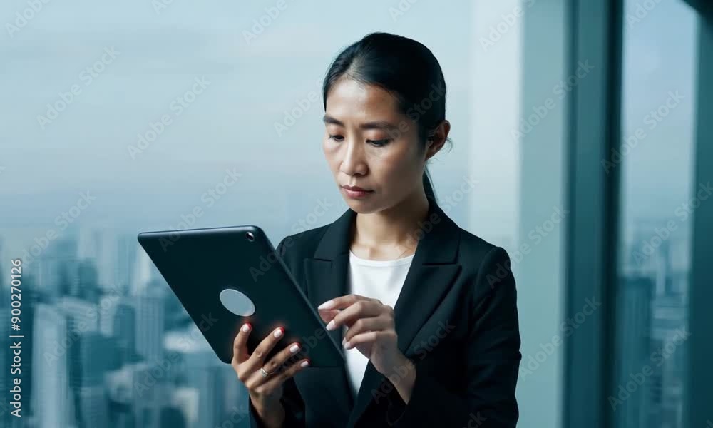 The businesswoman stood in her office, smiling as she held her tablet computer. The businesswoman stood in her office, smiling as she held her tablet computer.