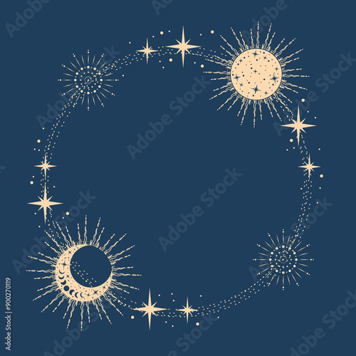 Magic blue vector frame with sun, moon, stars. Mystic frame for tarot, esoteric, astrology design. Template for poster and prints.