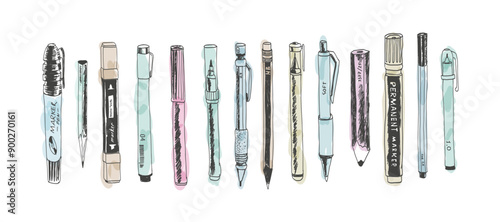 Hand drawn stationery set. Vector doodle illustration. Set of school accessories and supplies. Artist's tools composition.