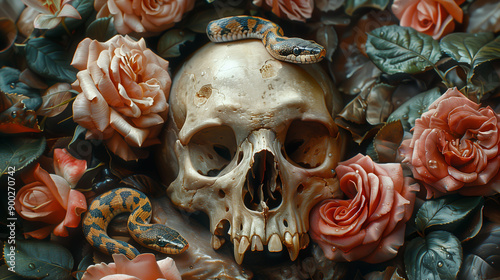 snake crawling at the human skull with roses, abstract horror background, halloween concept