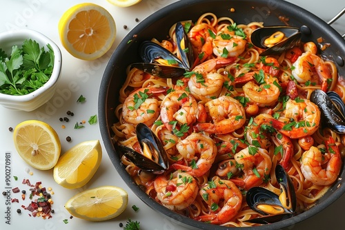 A plate of shrimp and mussels pasta