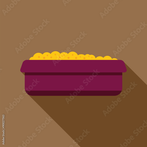 Full purple litter box is sitting on the floor in front of a brown wall