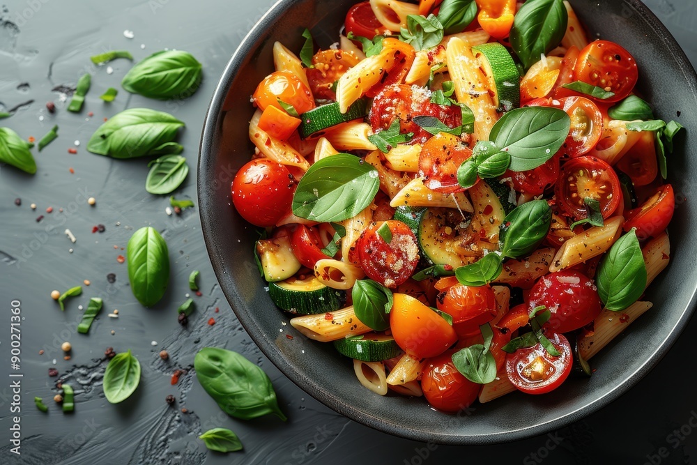 A bowl of penne pasta with tomatoes and parsley A bowl of penne pasta with tomatoes and parsley