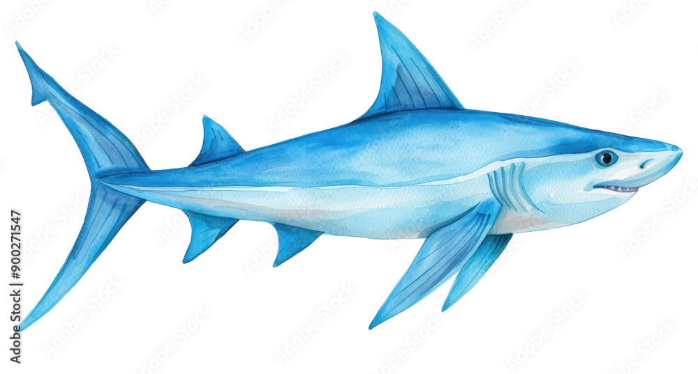 Fototapeta premium Vibrant handdrawn watercolor of a blue shark, showcasing intricate details against a clean white background.
