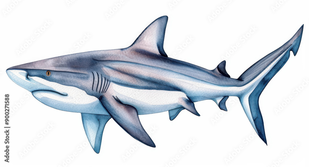 Fototapeta premium A vibrant bull shark illustration in watercolor showcases the beauty of marine life, perfect for ocean enthusiasts and decor.