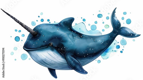 A whimsical narwhal illustration, showcasing its charm as a unique marine mammal in vibrant watercolor hues against white. photo