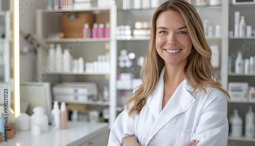 Free Download Smiling dermatologist, also skilled as a cosmetologist and beautician, poses for a portrait in beauty salon office - GFXLoad