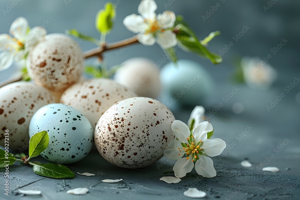 Easter Egg Display with Speckled Eggs and Blossoms - Perfect for Spring Decor Easter Egg Display with Speckled Eggs and Blossoms - Perfect for Spring Decor