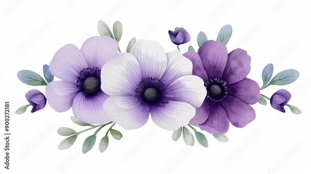 Fototapeta premium Elegant pastel purple anemone flowers with white accents create a stunning wedding banner, framed by delicate eucalyptus branches.