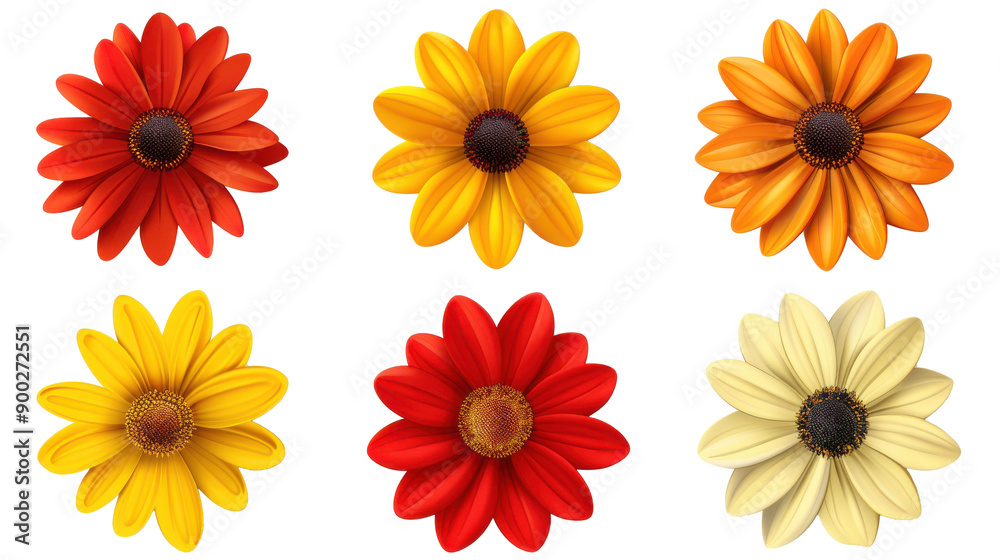 Vibrant red and yellow floral buttons featuring asters and gerber flowers, perfect for adding a pop of color to any design. Vibrant red and yellow floral buttons featuring asters and gerber flowers, perfect for adding a pop of color to any design.