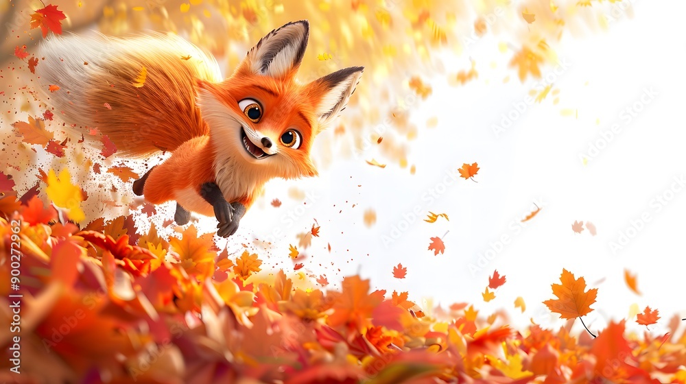 3D cartoon fox kit with a bushy tail, mid-air as it leaps into a pile of colorful autumn leaves. The fox kit has an excited expression, and leaves are flying everywhere 3D cartoon fox kit with a bushy tail, mid-air as it leaps into a pile of colorful autumn leaves. The fox kit has an excited expression, and leaves are flying everywhere