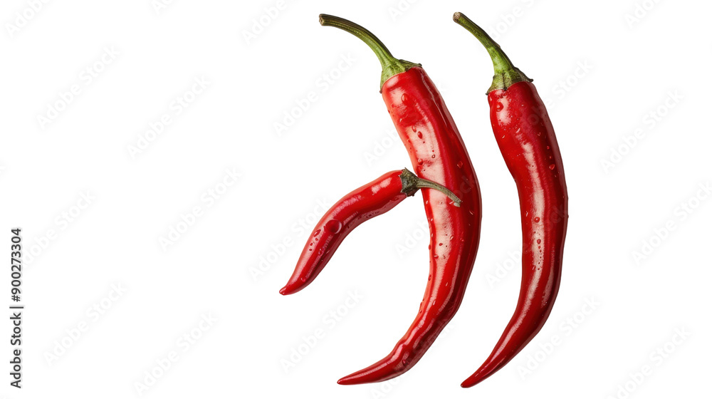 Three Bright Red Chili Peppers Displayed on a Clean White Background Capturing Freshness and Flavorful Ingredients